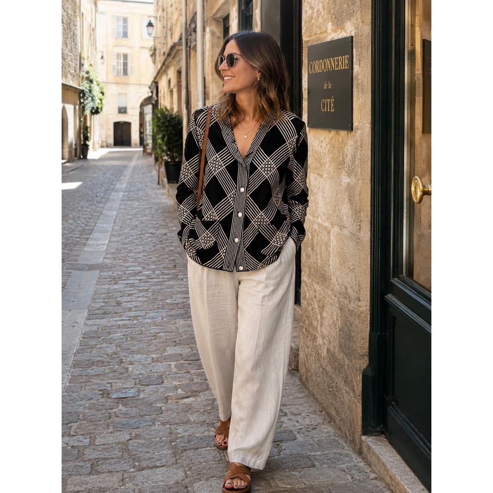 Eugen Klein Nlack and Beige Geometric plaid Modal Cardigan Size 12‎